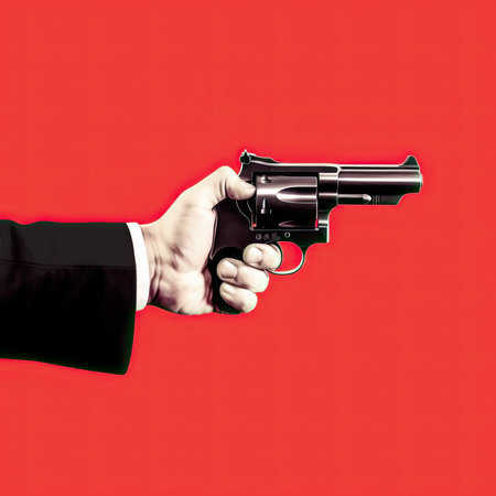 man smokings Hand With A Gun against a red backgroundの素材