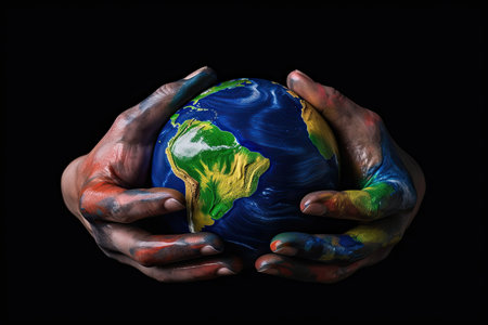 illustrated hands holding a Earth planet against black backgroundの素材