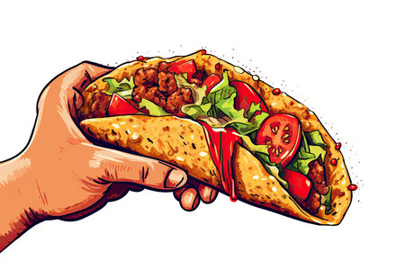 A hand is holding a big jumbo meat vegetables taco in white backgroundのイラスト素材