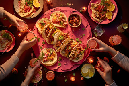Sharing many types of tacos on the table. Mexican street food conceptの素材