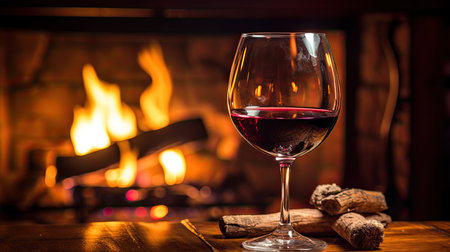 Glass of wine standing by the fireplace on a background of fire flameの素材