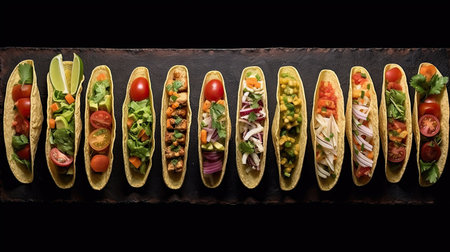 top view photo of a variety of mexican tacos against black backgroundの素材