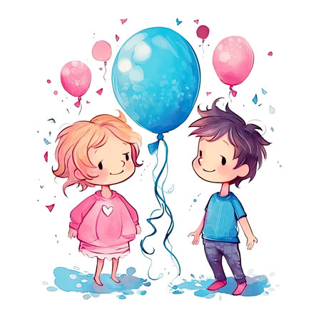 cartoon style little boy and girl with balloons against white background for gender reveal party greeting cardの素材