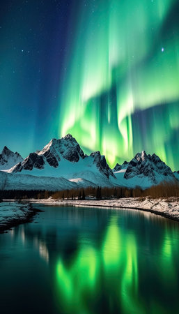 Gorgeous, unreal beautiful night view in northern lights reflections in ocean water and snow-capped mountainsの素材