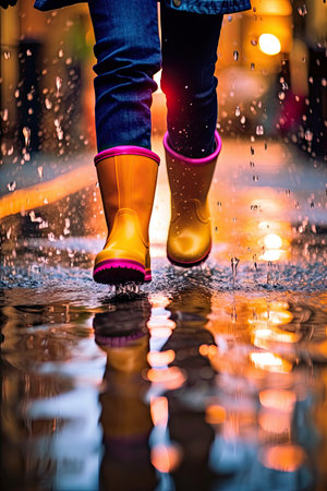 Close up of unrecognizable woman with rain boots walking on wet streetの素材