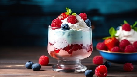 Raspberry mousse and whipped cream.Summer diet dessertの素材