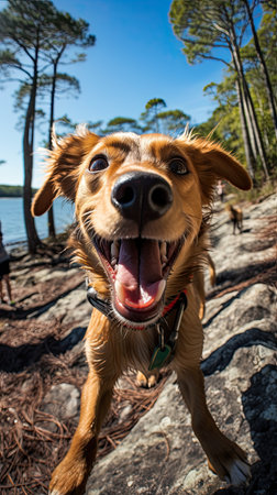 Funny close up portrait of energized dog in natureの素材