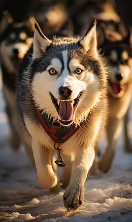 Close up of Sled dog racing alaskan malamute snow winter competition race at sunsetの素材