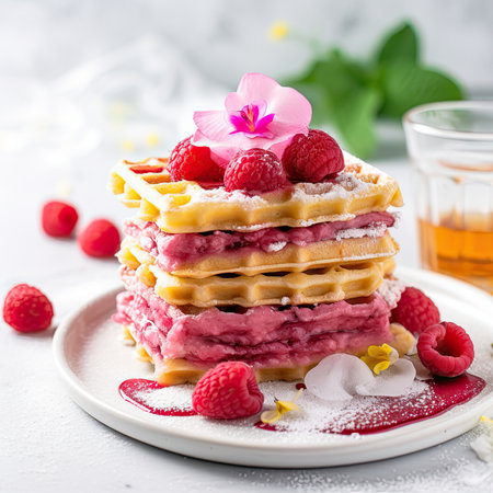 Homemade waffles with berries in plate on grey white tableの素材