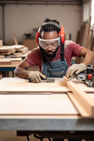 Above and Beyond Carpentry.Afro american carpenter sawing up of a wooden board on a sliding table saw.Labor day conceptの素材