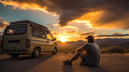 Man watching a beautiful sunset beside a camper van. solo traveler conceptの素材