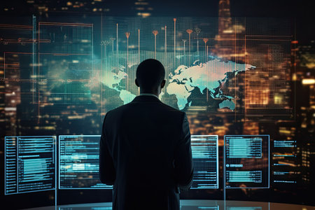 Back view of young afro american businessman standing on city night background with digital glowing world map. Global business and AI conceptの素材
