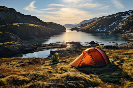 Camping tent on the bank of a lake panoramaの素材