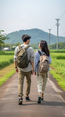 Two young Asian male backpackers Trekking to study the nature of tropical forests for ecotourism. Tourists trekking to see the beauty of tropical forests in Thailand.の素材