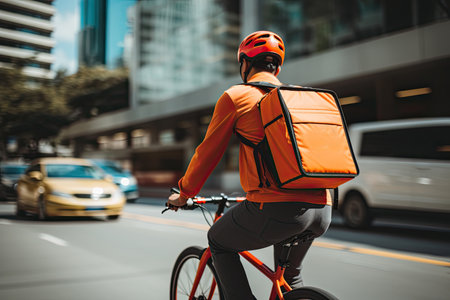 Courier with orange food delivery box on bicycle delivering food in cityの素材