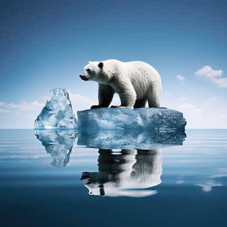Polar bear on ice floe. Melting iceberg and global warming. Climate change. 3D illustrationの素材