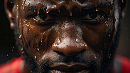A motivational close up image of a focused and determined athlete face sweating during sports competitionの素材