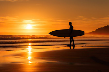 Silhouette of a surfer man standing on the shore holding a surfboard at orange sunsetの素材