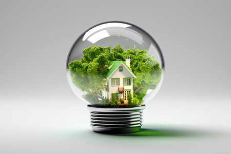 Save energy creative idea concept Light bulb with green eco house and environment conservationの素材