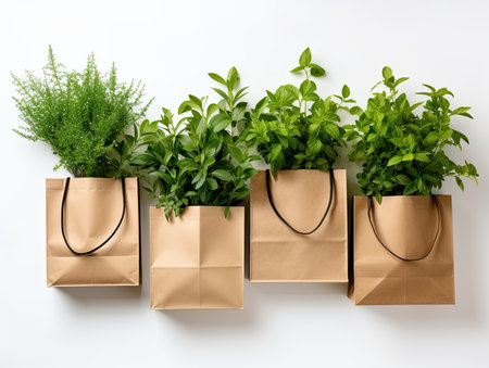 Several Recycled brown paper shopping bag with handle and green branches leaves isolated. Zero waste conceptの素材