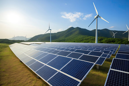 Modern Wind turbines and solar panels in a farm. Concept eco green renewable energyの素材
