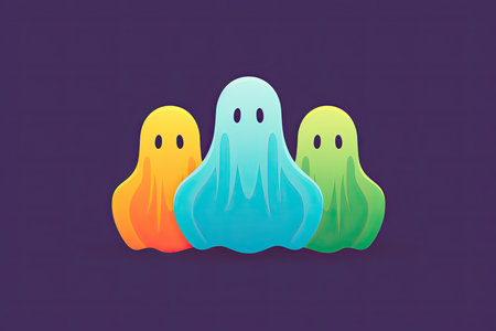Minimalistic illustration of a rainbow colored group of three ghosts isolated on purple backgroundの素材