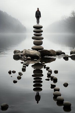 Photo of a woman above a stack of rock balancing on a mystic lake in the nature. Work life balance conceptの素材