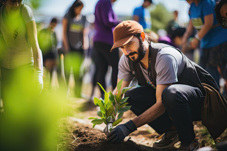 Portrait of a young bearded man planting a tree along with other activist people. Environment sustainability conceptの素材