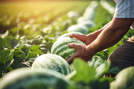 hand of a farmer harvesting watermelon in the fieldの素材