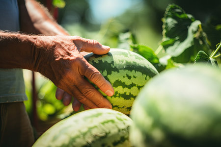Picking watermelon in summer, farmers hands close upの素材