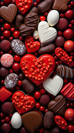 close up of assorted variety of chocolate sweets for valentines dayの素材