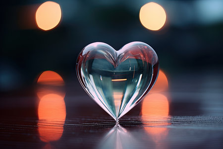 Abstract transparent heart shape against night lights and reflectionsの素材