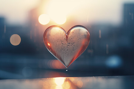 Abstract transparent heart wet shape against sunlight on blur backgroundの素材