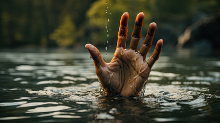 Close up of man palm hand asking for help. Drowning manの素材