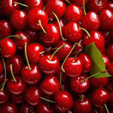 Close-up of fresh red cherries (full frame)の素材