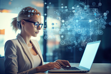 businesswoman laptop with abstract Artificial Intelligence backgroundの素材