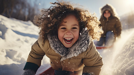 Kids joyfully slide down hills on sleds in a snowy mountain at sunsetの素材