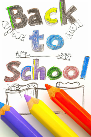 back to school illustration drawing with colorful pencils on white backgroundの写真素材