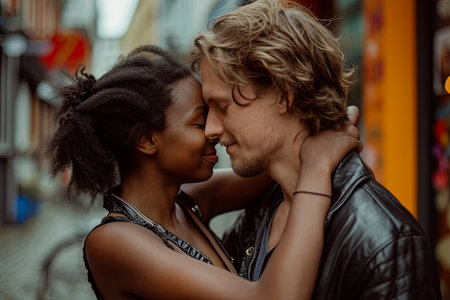 Romantic Young Interracial Couple Smiling , kissing and embracing in the streetの素材