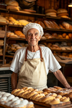 portrait of a pleased man in his 80s on a bakery of delicious pastriesの素材
