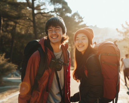 Portrait of happy backpacker asiatic couple enjoying hiking in a mountainの素材
