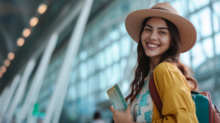 Woman tourist smiling at camera with a ticket. Girl is about to board a flight in the airport with copy spaceの素材