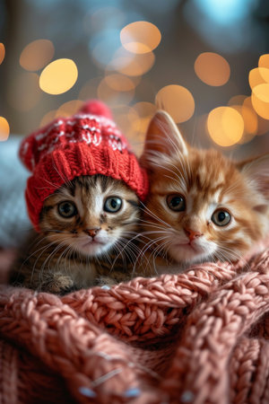 Two joyful cozy kittens looking at camera and snuggling together on a soft, kitten-sized bean podの素材