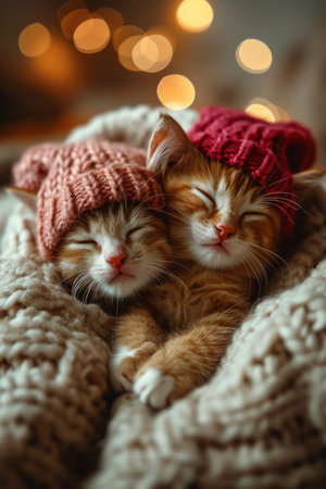 Two joyful kittens cozy snuggling together on a soft, kitten-sized bean podの素材