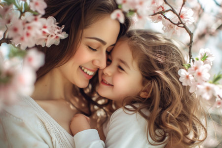 Close up portrait of happy mother and daughter hugging each otherの素材