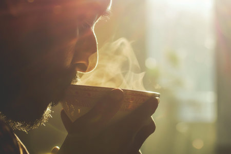 Side view silhouette of an indian man drinking a hot beverage in the morning.の素材