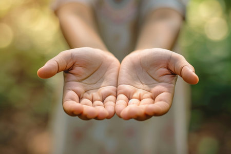 Close up of hands giving charity and support to the needy.Ramadan and humility concepts. Outdoors in natureの素材