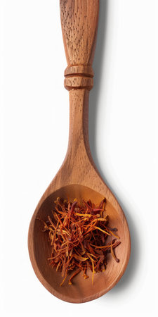 Top view wooden spoon with Saffron isolated on white backgroundの素材