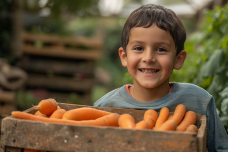 A latin American boy posing with a wooden box of Carrots in a farmの素材