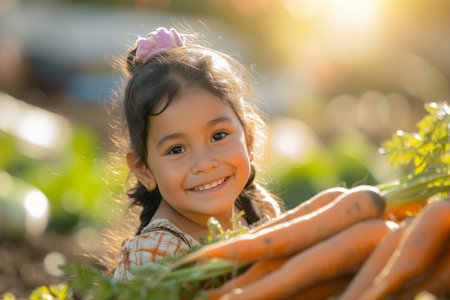 A Latin American little girl posing in a Carrots in a farm on a shiny dayの素材